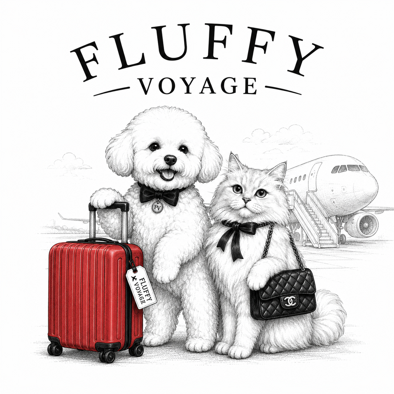 Пёс и кошка Fluffy Voyage с красным чемоданом у самолёта
