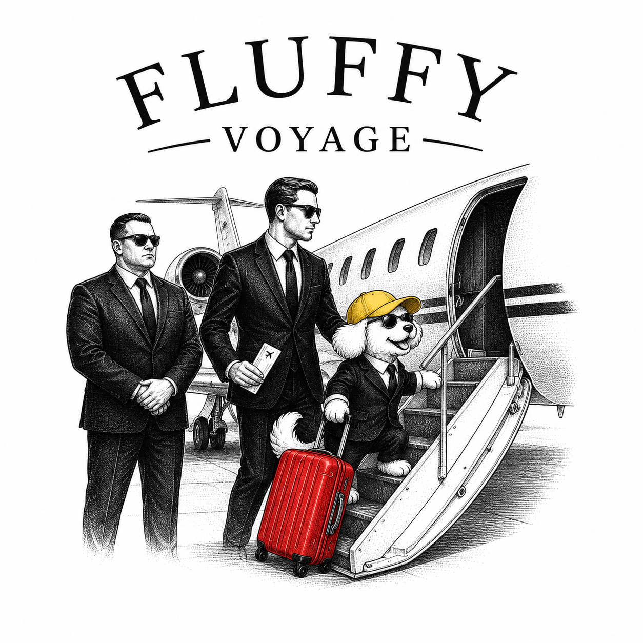 Пёс Fluffy Voyage поднимается на борт частного самолёта